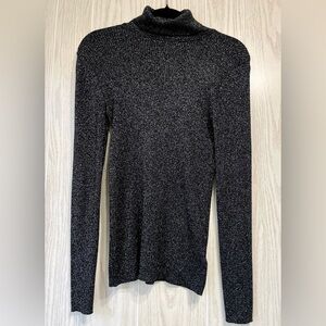Express M Tight Ribbed Black Silver Metallic Turtleneck Sweater Sparkle EUC